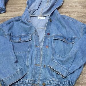 Women's Blue Denim Hooded Jacket + some VERY noticeable red paint stains.